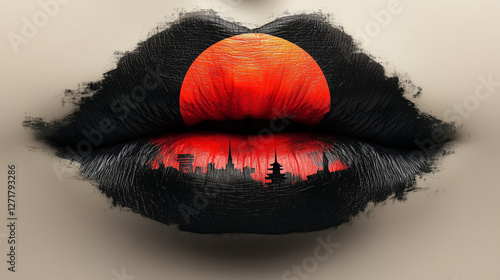 Urban skyline reflected on lips with red and orange hues against a neutral background at sunset