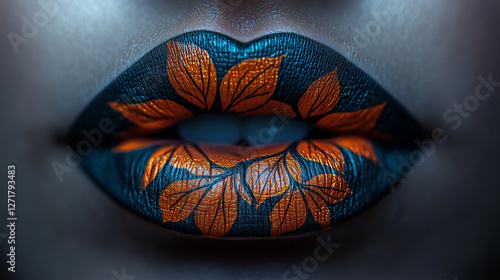 Bold lip art featuring intricate orange and black leaf design during an artistic makeup session in an indoor setting