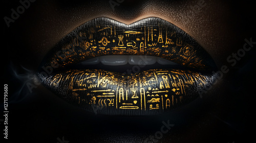 Unique artistic expression with lips adorned in hieroglyphics and intricate gold patterns
