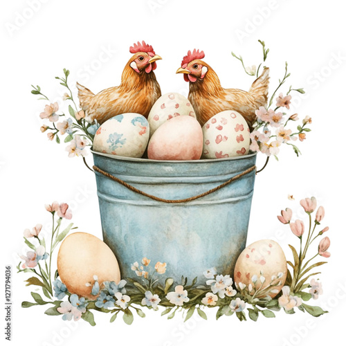 Happy hens and pastel Easter eggs in a rustic pail joyful spring scene