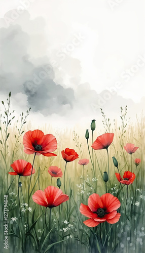 Red poppies in misty field under cloudy smokey sky for Remembrance Day, Poppy Day, Veterans Day, Anzac Day. Banner, poster, greeting card template background, copy space. Watercolor illustration