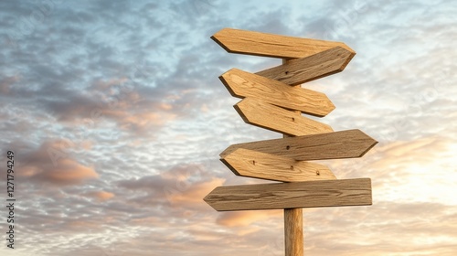 Signpost with multiple blank wooden arrows pointing in various directions against a beautiful sunset sky, symbolizing choices, decisions, and finding the right path in life