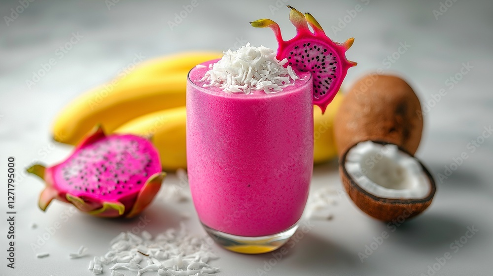 Dragon fruit, coconut milk, bananas, and shredded coconut on top of a gorgeous pink smoothie on a simple white backdrop Dragon fruit, coconut milk, bananas, and shredded coconut on top of a gorgeous pink smoothie on a simple white backdrop