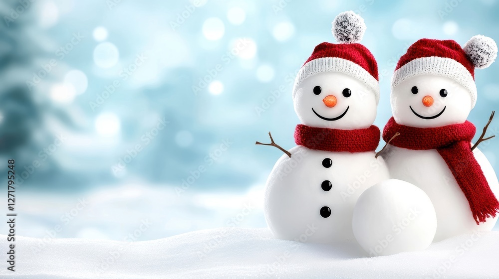 Two cheerful snowmen in winter attire standing in a snowy landscape with a soft blue background. Two cheerful snowmen in winter attire standing in a snowy landscape with a soft blue background.