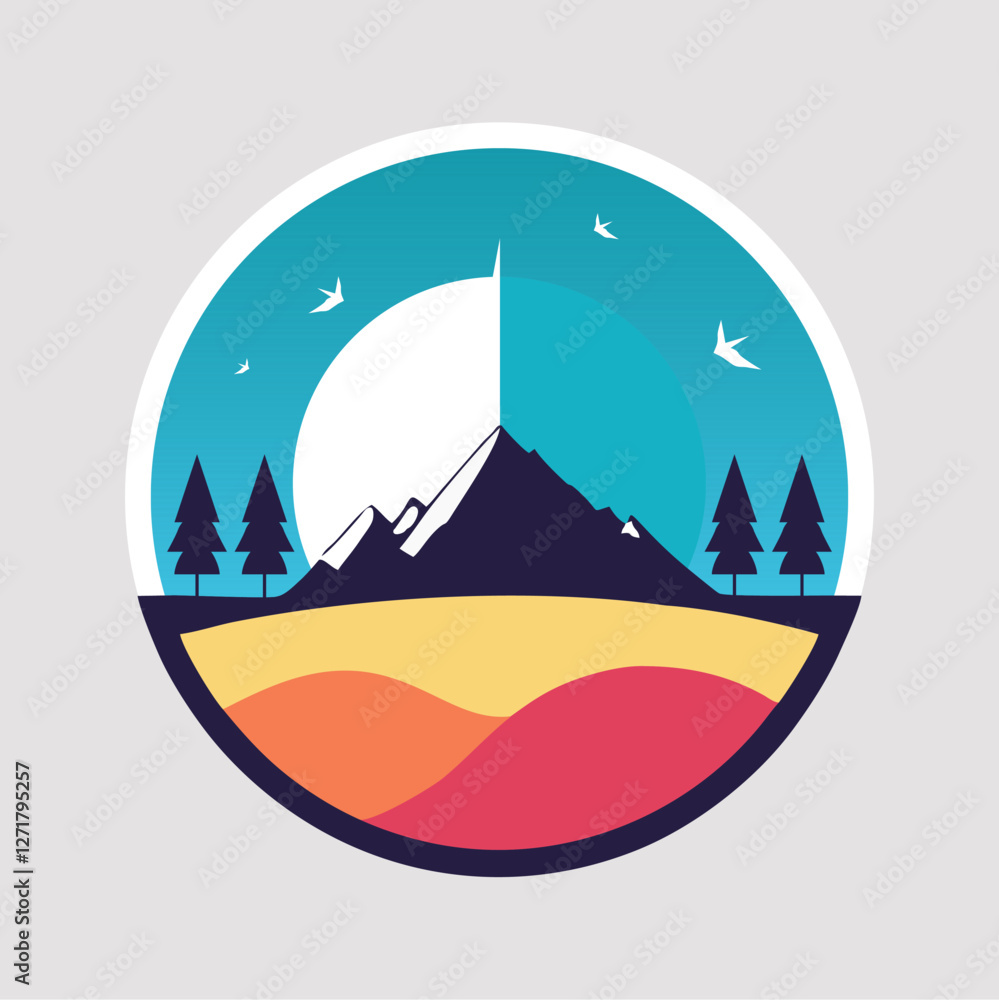 Mountain with a moon and birds in a circular frame. Mountain with a moon and birds in a circular frame.
