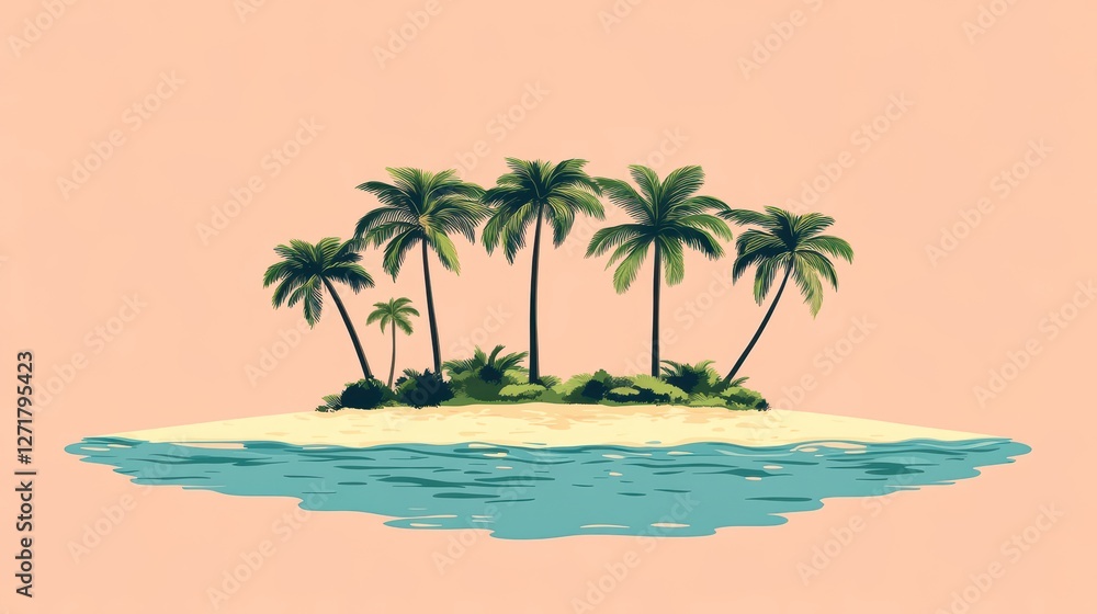 Fototapeta premium Tropical island with palm trees surrounded by clear water and a soft sandy beach on a pastel background.