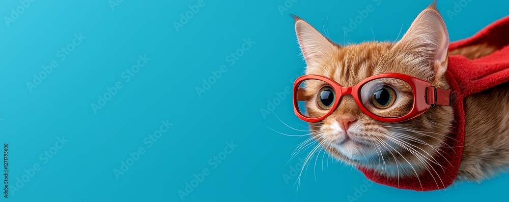 Obraz premium A whimsical cat in a red cape and glasses poses heroically against a bright blue background.