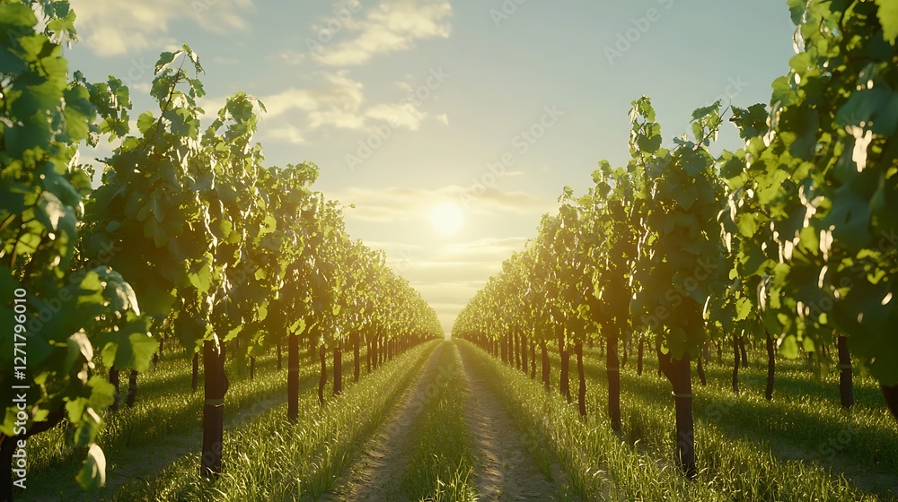 Naklejka premium Sunlit Vineyard Rows At Golden Hour