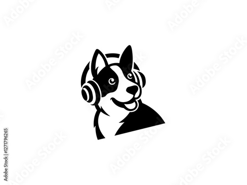 Cartoon dog head wearing headphones company logo, vector dog logo for themed business or product. Brand identity company logo design, dog head vector silhouette logo and t-shirt design illustration.