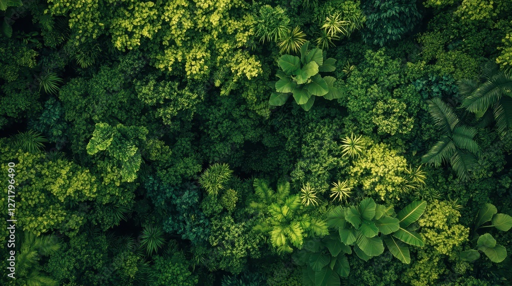 Naklejka premium Aerial view of lush green tropical forest, with vibrant foliage showcasing a variety of plant species in rich shades of green.