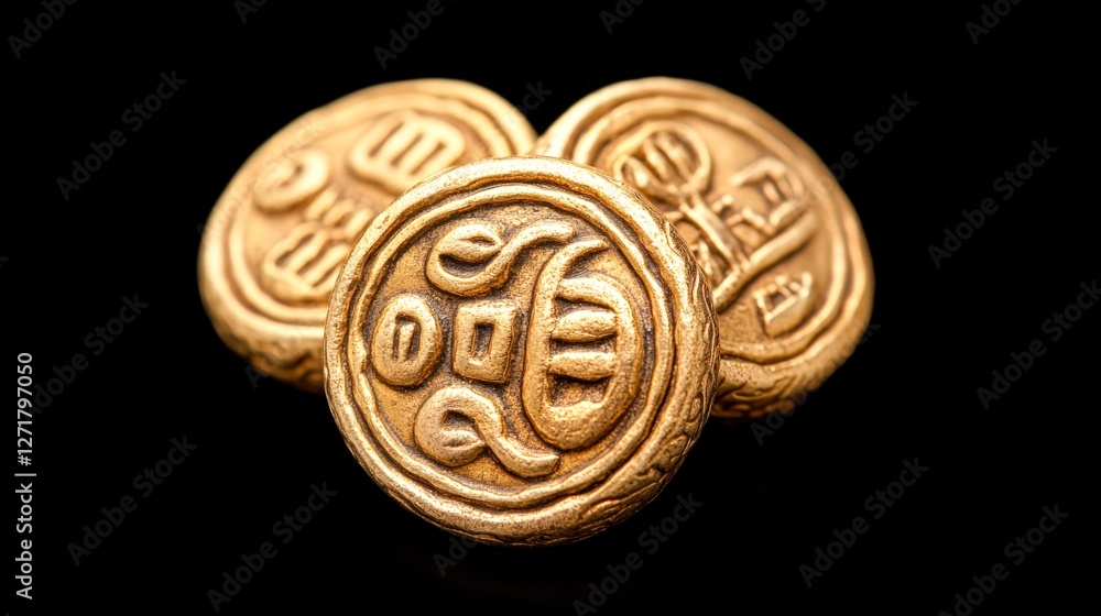 Fototapeta premium Three ancient coins are beautifully arranged against a black background, showcasing their intricate designs and golden sheen, Ideal for financial themes, history projects, or collectibles,