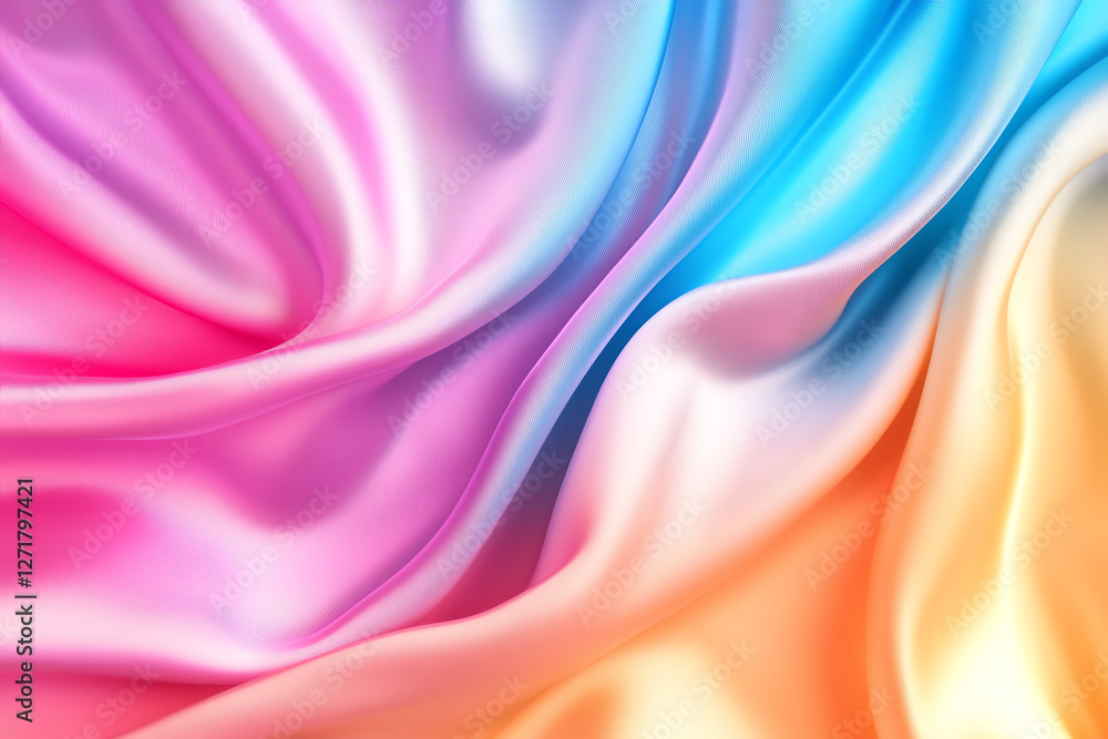 Fototapeta premium Soft, flowing fabric in pastel colors of pink, blue, and orange creates dreamy, iridescent effect. silky texture adds elegance and warmth to any design