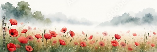Red poppies in misty field under cloudy smokey sky for Remembrance Day, Poppy Day, Veterans Day, Anzac Day. Banner, poster, greeting card template background, copy space. Watercolor illustration