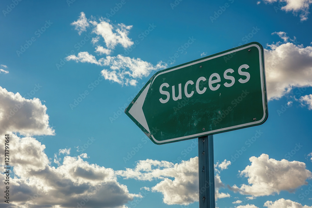 Road sign indicating success with a backdrop of blue sky and scattered clouds during daylight hours Road sign indicating success with a backdrop of blue sky and scattered clouds during daylight hours