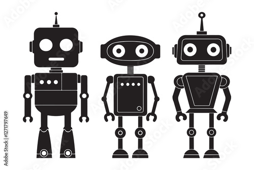 Minimalist robot silhouettes in black on white background