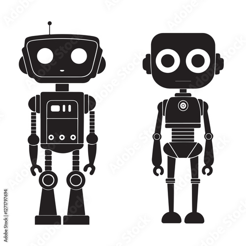 Two minimalist robot silhouettes in black on white background