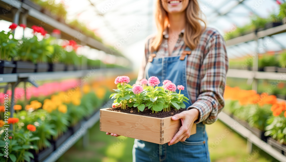 Obraz premium A farmer woman in a greenhouse holds a wooden box with flower seedlings