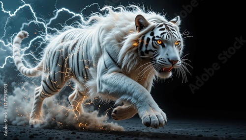 A ferocious white tiger with sharp teeth runs with energy and lightning against a dark background. 