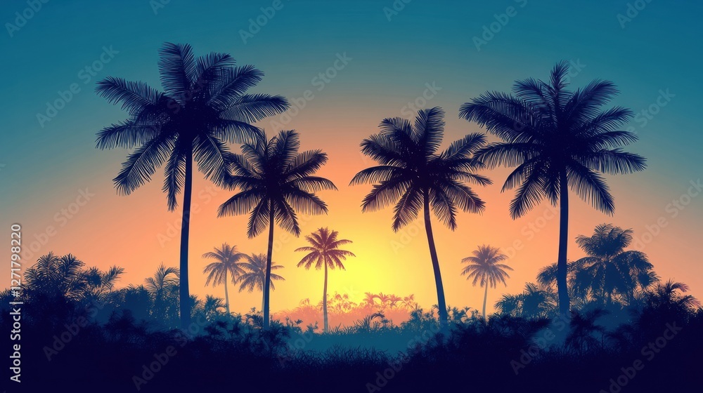 Serene silhouettes of palm trees against a vibrant sunset sky, creating a tranquil tropical atmosphere. Serene silhouettes of palm trees against a vibrant sunset sky, creating a tranquil tropical atmosphere.