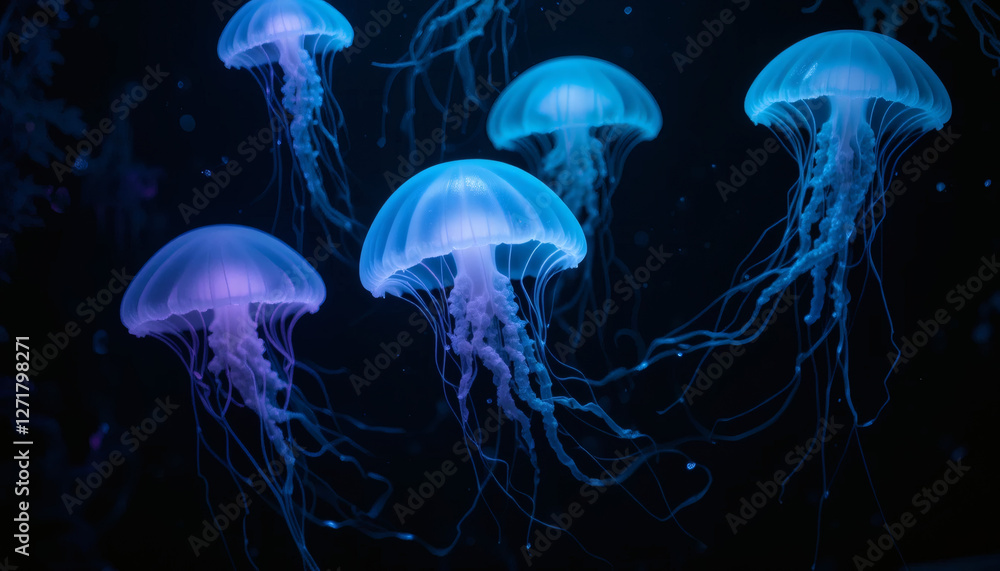 Obraz premium Translucent Jellyfish Glowing in Aqua and Lavender Swimming Gracefully Through a Dark Ocean with Light Trails