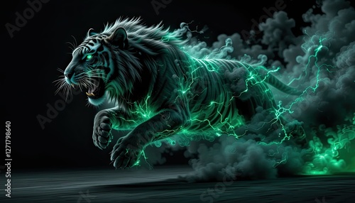 A ferocious black tiger with sharp teeth runs with energy and lightning against a backdrop of black smoke