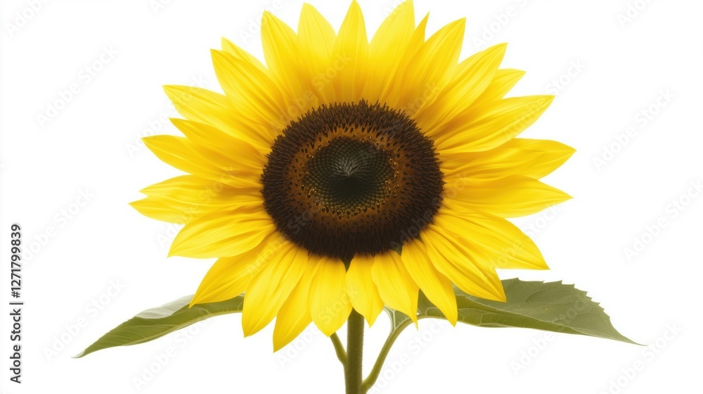 Fototapeta premium A vibrant sunflower with yellow petals and a dark center against a white background.