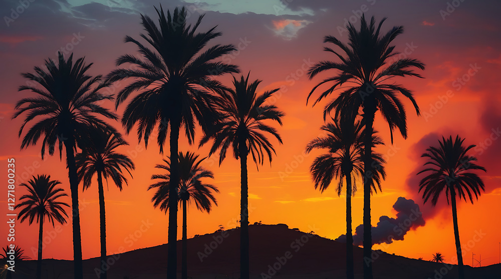 Silhouetted Palm Trees at Sunset with Smoke Pollution Silhouetted Palm Trees at Sunset with Smoke Pollution