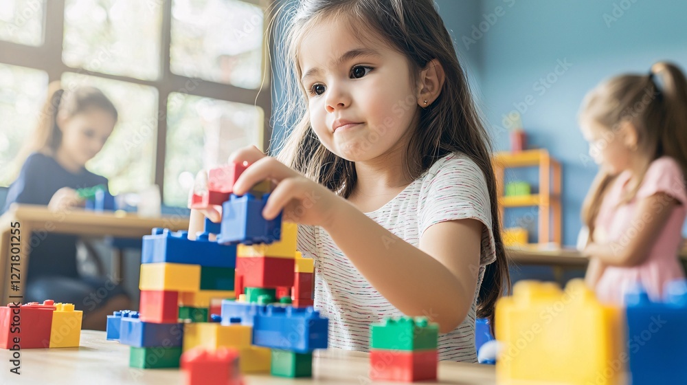 girl in a classroom playing with a set of building blocks designed to teach engineering concepts young girl, building blocks, engineering, classroom, STEM, education, innovation, learning, toys, girl in a classroom playing with a set of building blocks designed to teach engineering concepts young girl, building blocks, engineering, classroom, STEM, education, innovation, learning, toys,