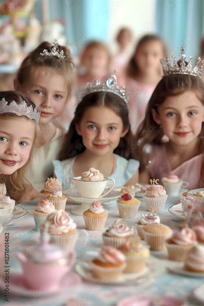 Group of children having fun at a princess-themed tea party, with delicate tea sets, cupcakes, and tiaras on the table. Group of children having fun at a princess-themed tea party, with delicate tea sets, cupcakes, and tiaras on the table.