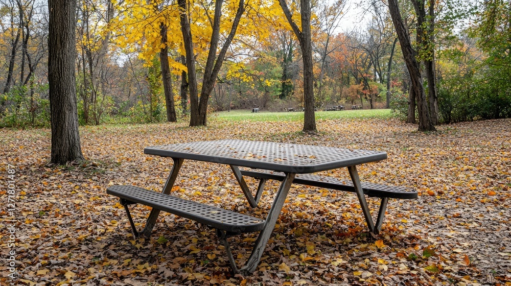 Picnic table covered with fallen leaves in an autumn park Picnic table covered with fallen leaves in an autumn park