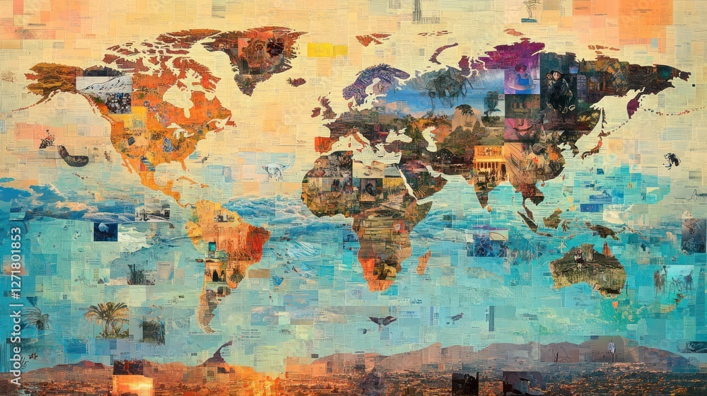 Fototapeta premium World map collage of diverse travel images.