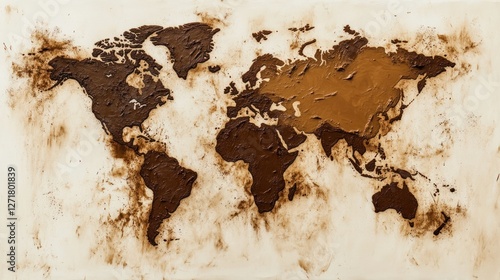 Textured world map painted in brown hues on off-white background.