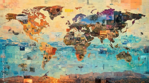 World map collage of diverse travel images.