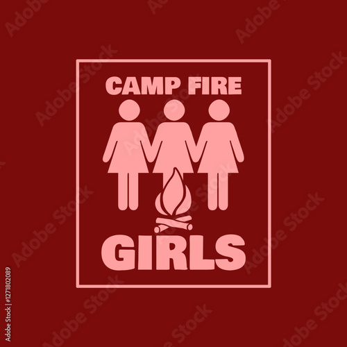 Camp Fire Girls day to celebrate on March 17th. Female symbol and campfire in frame on dark pink background.