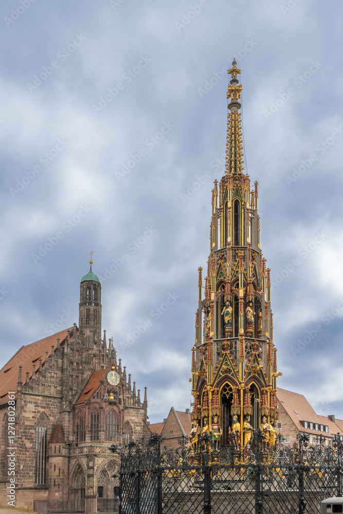 Famous old Schoner Brunnen - Beautiful Fountain from Nuremberg. Famous old Schoner Brunnen - Beautiful Fountain from Nuremberg.