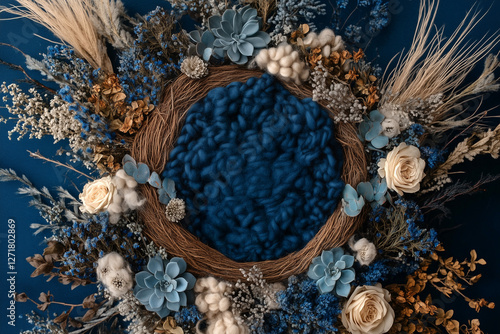Photography setup with an empty fluffy Moses basket and blue flowers designed for newborn portraits
