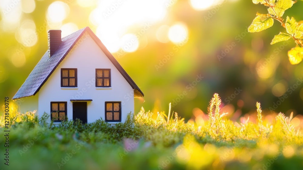 A small model house sits in lush green grass, illuminated by warm sunlight, creating a serene and inviting atmosphere. A small model house sits in lush green grass, illuminated by warm sunlight, creating a serene and inviting atmosphere.