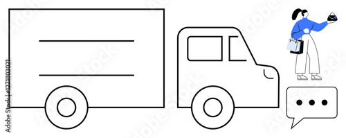 Courier holding package standing beside delivery truck, speech bubble indicates communication. Ideal for logistics, shipping, delivery services, e-commerce, customer support, parcel tracking