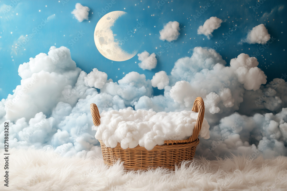 custom made wallpaper toronto digitalPhotography setup with an empty Moses basket with fur rug with clouds and a moon above, designed for newborn portraits