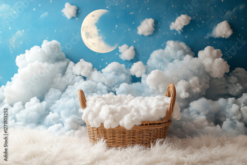 Photography setup with an empty Moses basket with fur rug with clouds and a moon above, designed for newborn portraits