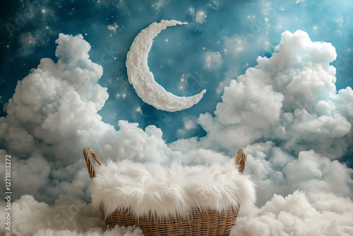 Wallpaper Mural Photography setup with an empty Moses basket with fur rug with clouds and a moon above, designed for newborn portraits Torontodigital.ca