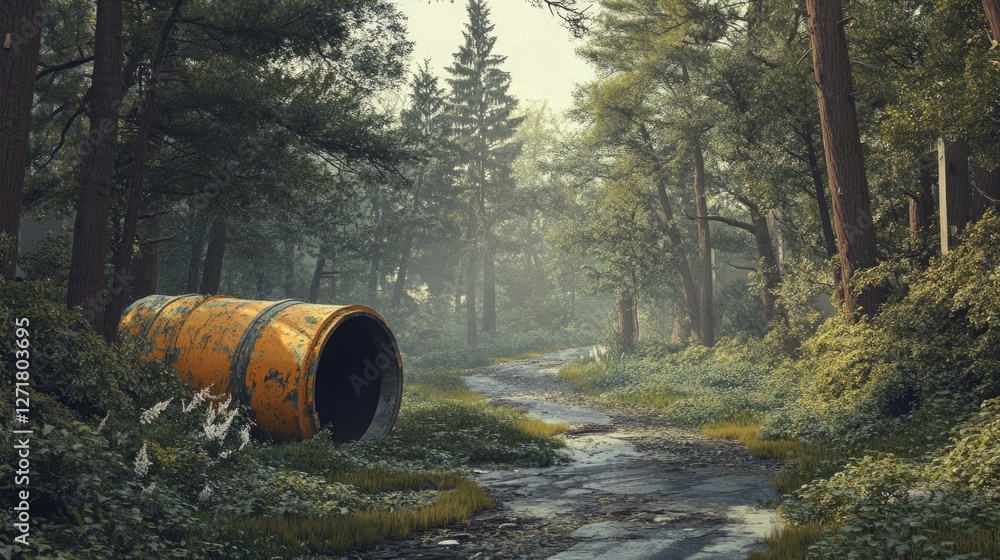 A Misty Forest Path with an Abandoned Rusty Pipe - A Tranquil and Scenic Landscape Painting A Misty Forest Path with an Abandoned Rusty Pipe - A Tranquil and Scenic Landscape Painting