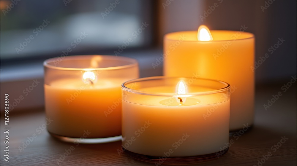 Three elegant candles glowing softly on a wooden surface, creating a warm and inviting atmosphere in a cozy setting. Three elegant candles glowing softly on a wooden surface, creating a warm and inviting atmosphere in a cozy setting.