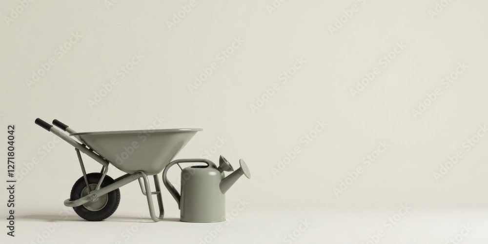 A muted green wheelbarrow and watering can sit on a minimalist background, ready for spring gardening A muted green wheelbarrow and watering can sit on a minimalist background, ready for spring gardening