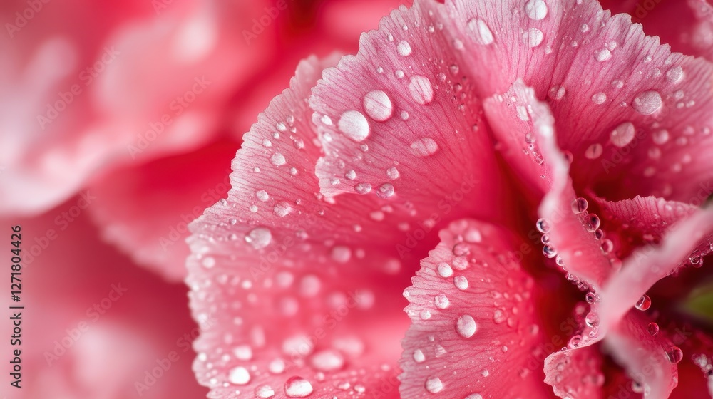 Fototapeta premium Close-up of a pink flower adorned with water droplets, showcasing intricate petals and a fresh, vibrant appearance.