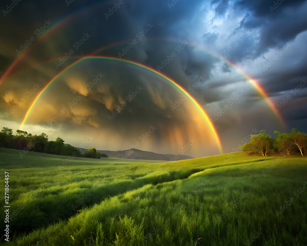 A breathtaking double rainbow arches over a vibrant green landscape after a summer storm. A breathtaking double rainbow arches over a vibrant green landscape after a summer storm.