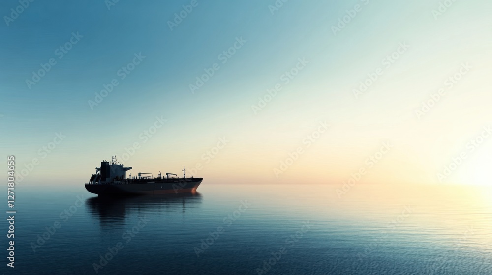 A solitary cargo ship is anchored at sea under a vast, clear sky, bisected by a subtle horizon line