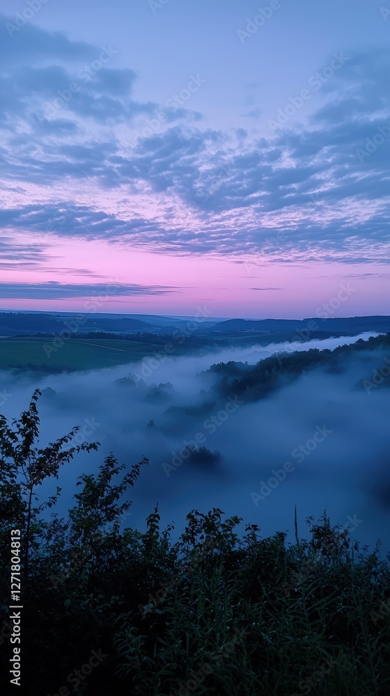 Obraz premium Serene Landscape at Sunrise or Sunset with Mist and Golden Horizon, Serving as a Background (Nature, Landscape, Mist, Sunrise, Sunset)