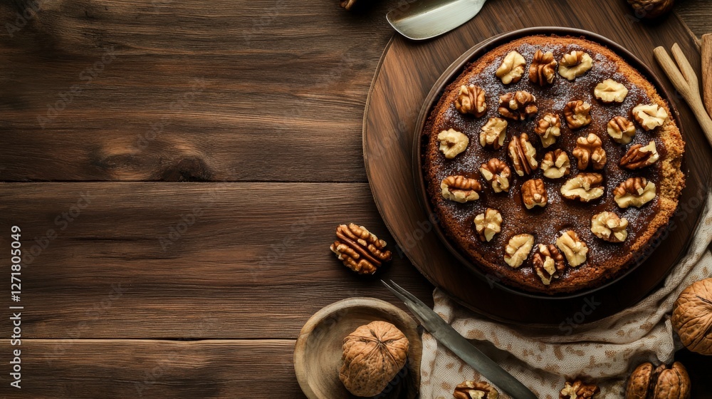 Scrumptious Walnut Cake with Caramel Topping on Wooden Table Scrumptious Walnut Cake with Caramel Topping on Wooden Table
