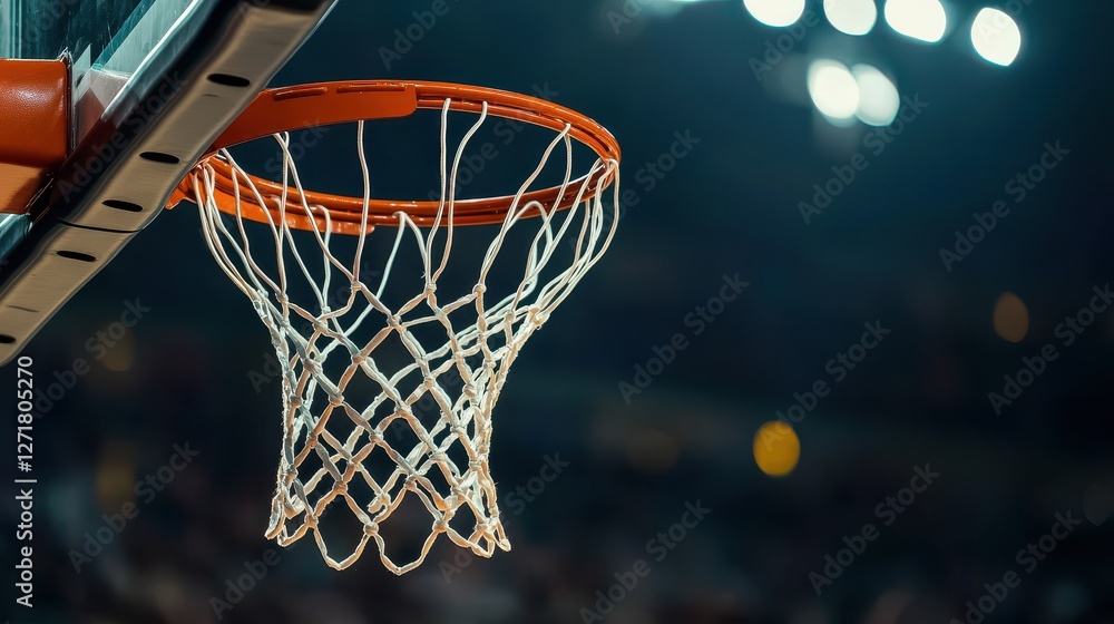 Detailed view of a basketball hoop net illuminated in a dynamic indoor sports environment, showcasing the energy and excitement of the game. Detailed view of a basketball hoop net illuminated in a dynamic indoor sports environment, showcasing the energy and excitement of the game.